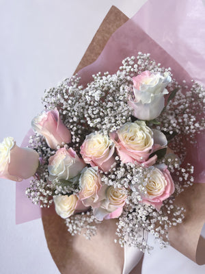 pink and blue tinted rose bouquet with lavender inspired by Taylor Swift