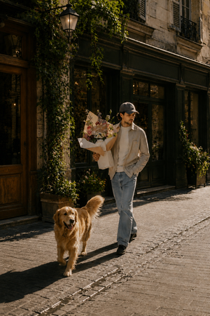 Man walking a Lab on a cobbled street in Vancouver with a building in the background