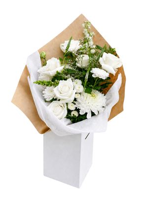 Bouquet of white flowers wrapped in brown paper with a white box on a white background for delivery in Vancouver BC